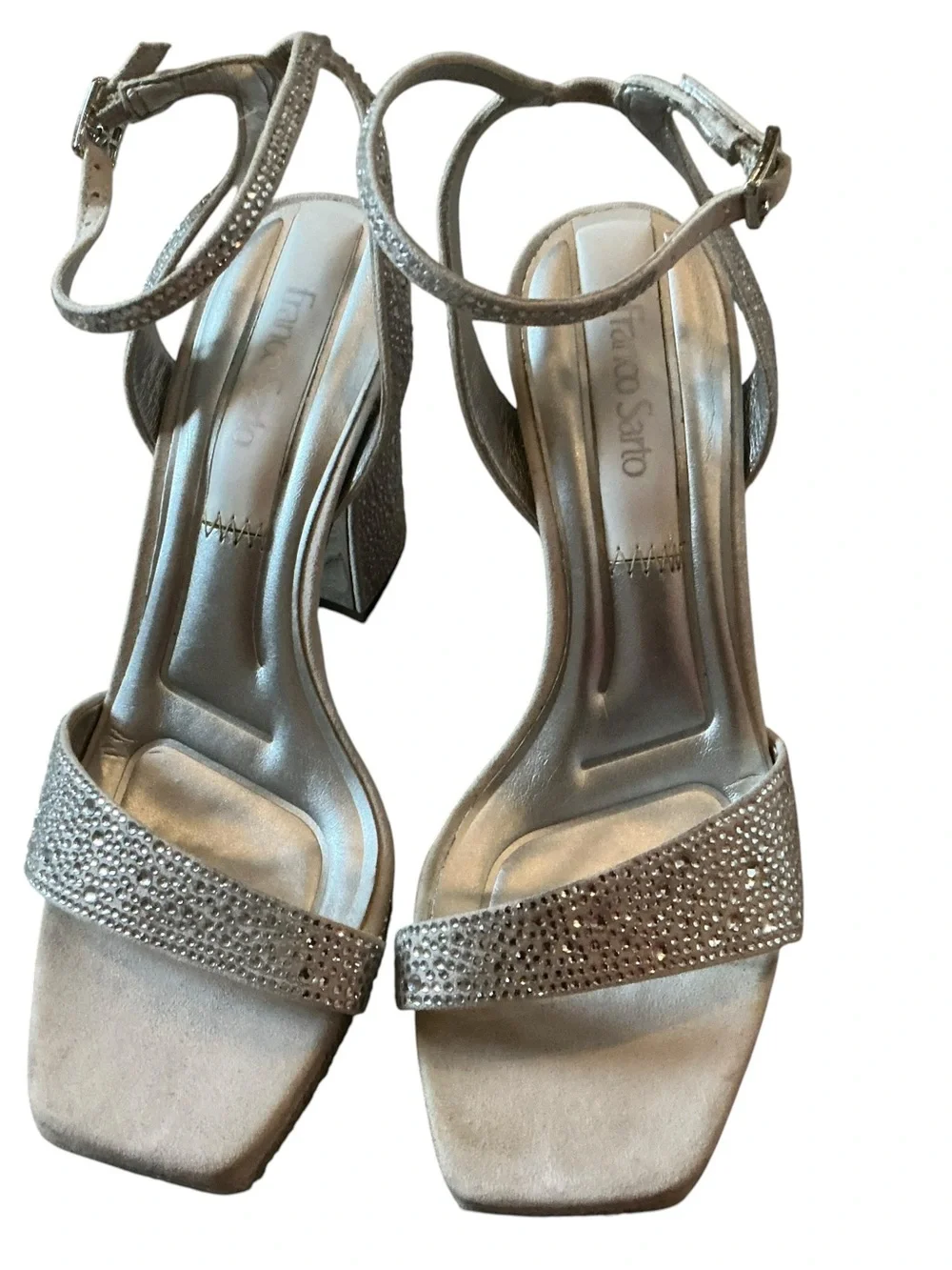 Franco Sarto women’s L-Daffy ankle strap heeled sandals metallic silver w stones